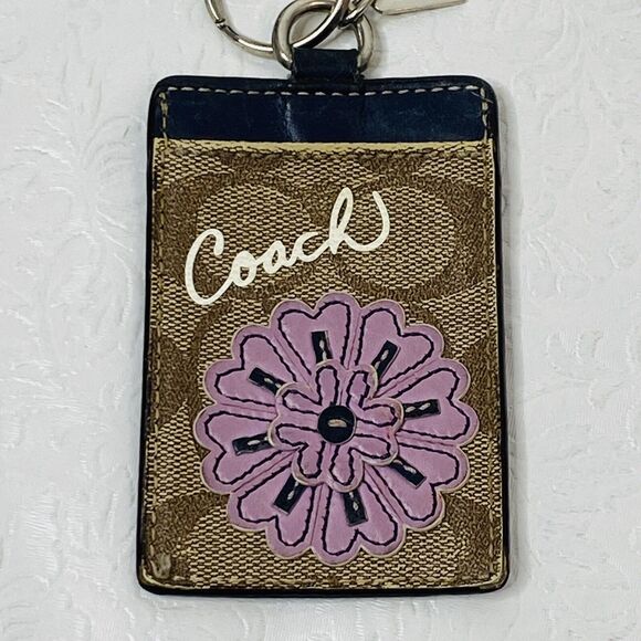 Coach ID Badge Lanyard Brown Leather w Purple Flower - Picture 3 of 10